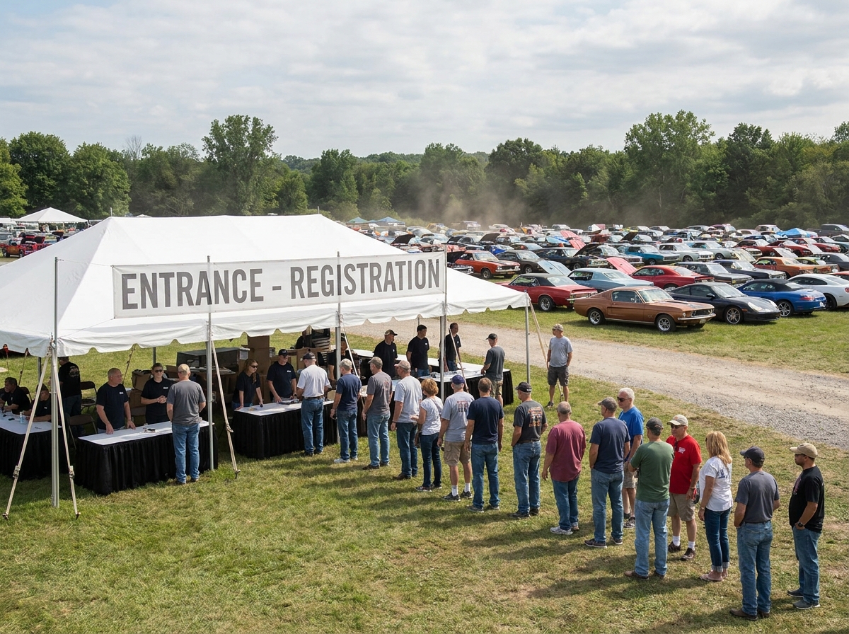 The check-in area at a large auto show, with attendees entering the event.