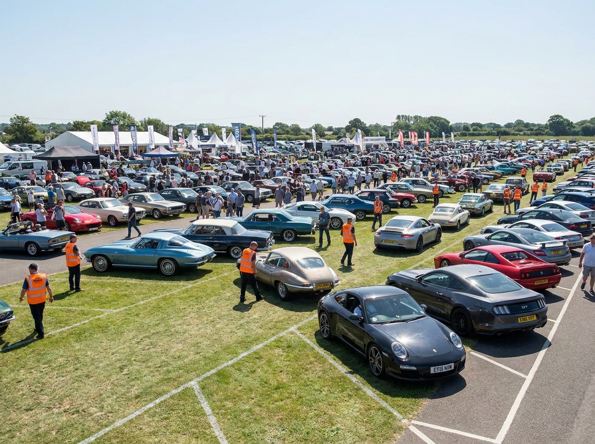 An organized parking lot at a motorsport event, with staff directing cars.