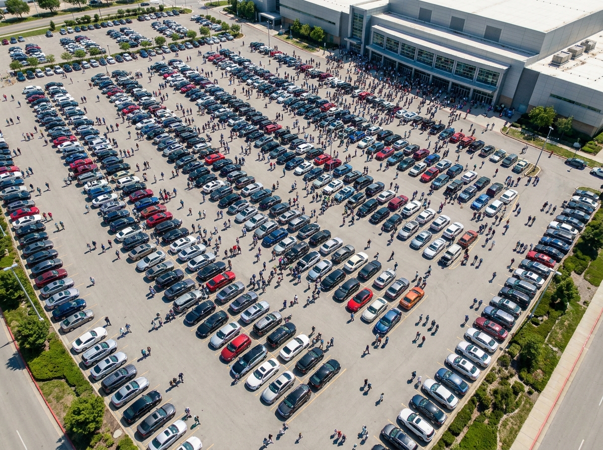 An aerial view of a packed auto show, demonstrating effective event management.