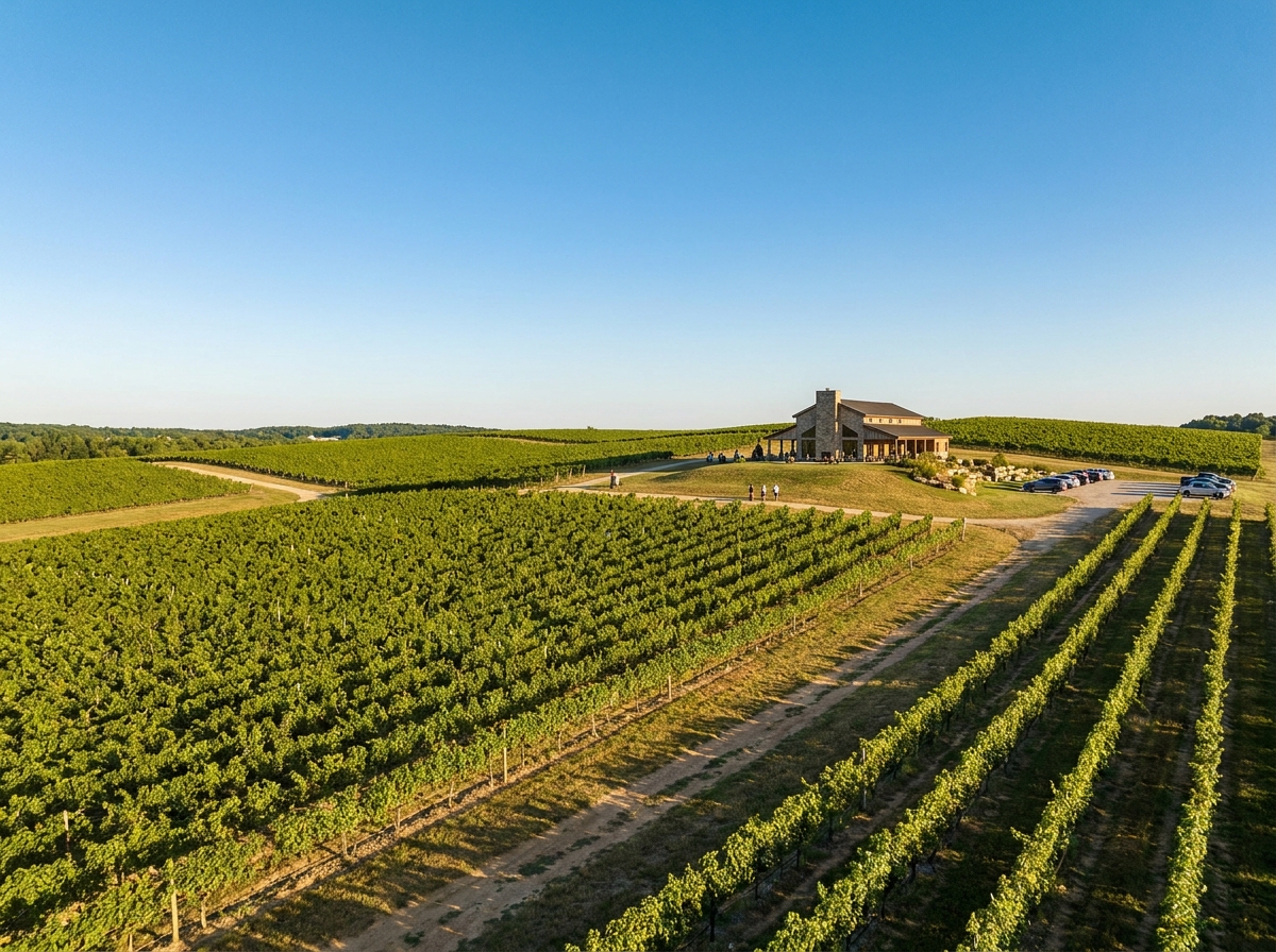 A sprawling vineyard under a sunny sky, representing growth for winery events.