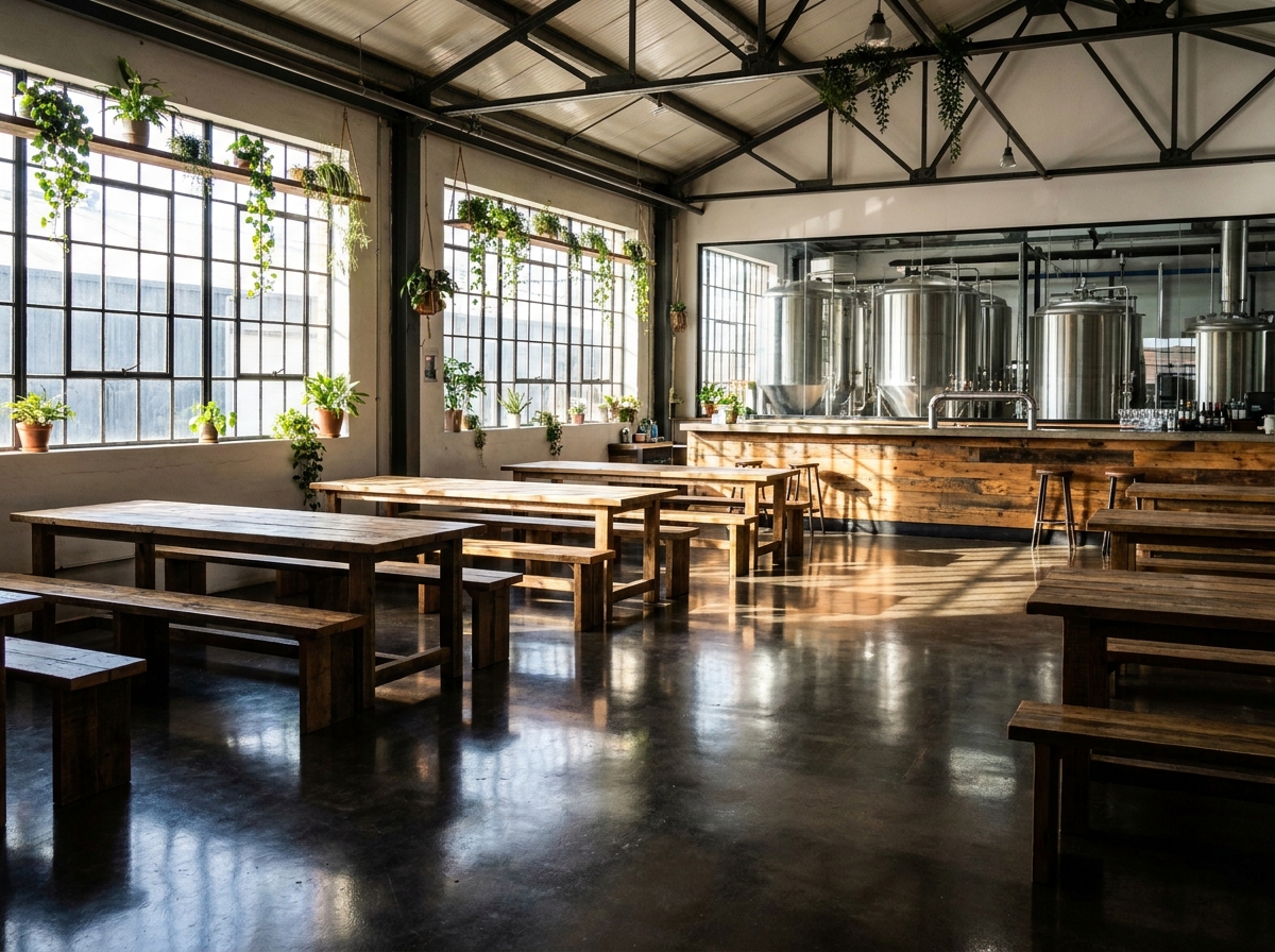 An empty, modern brewery taproom ready for guests of a ticketed event.