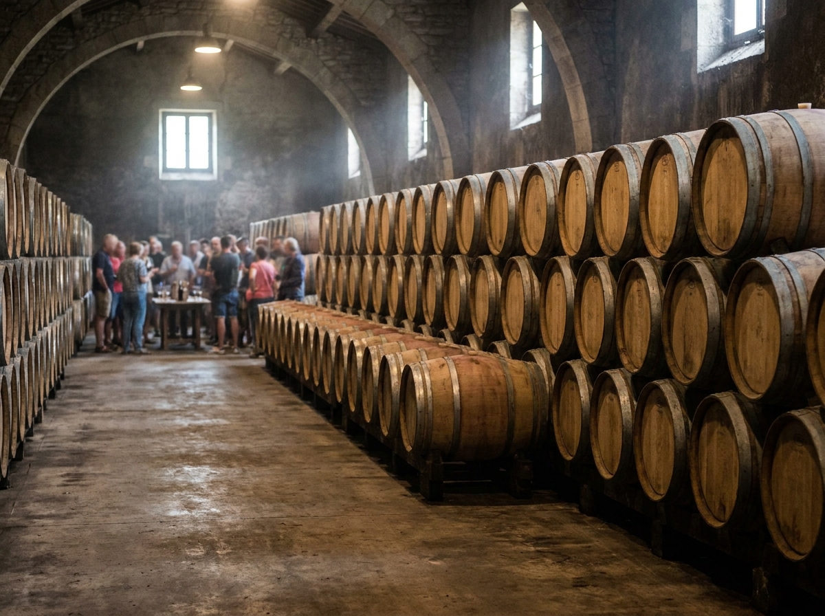 Oak barrels aging in a cellar, symbolizing special ticketed brewery and winery experiences.