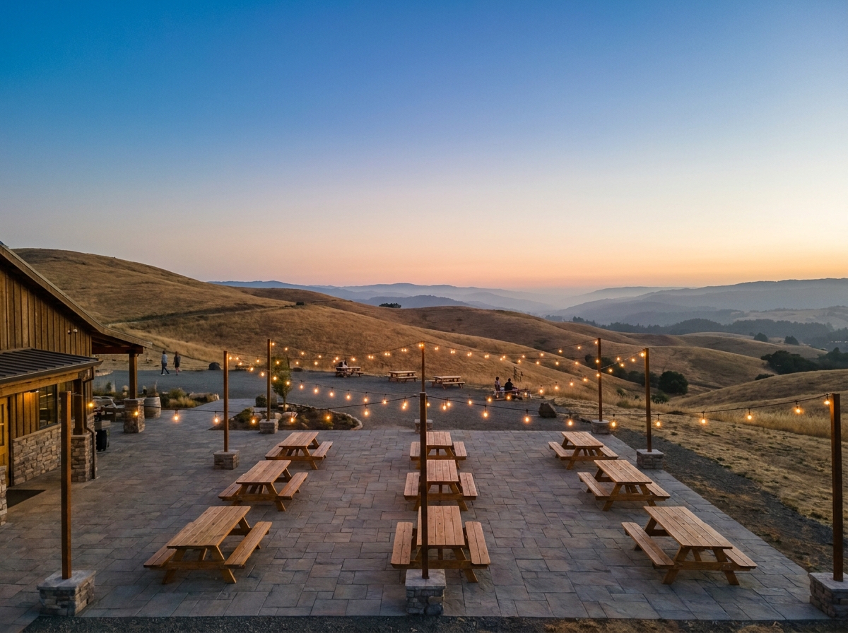 The outdoor patio of a brewery set up for an evening event.