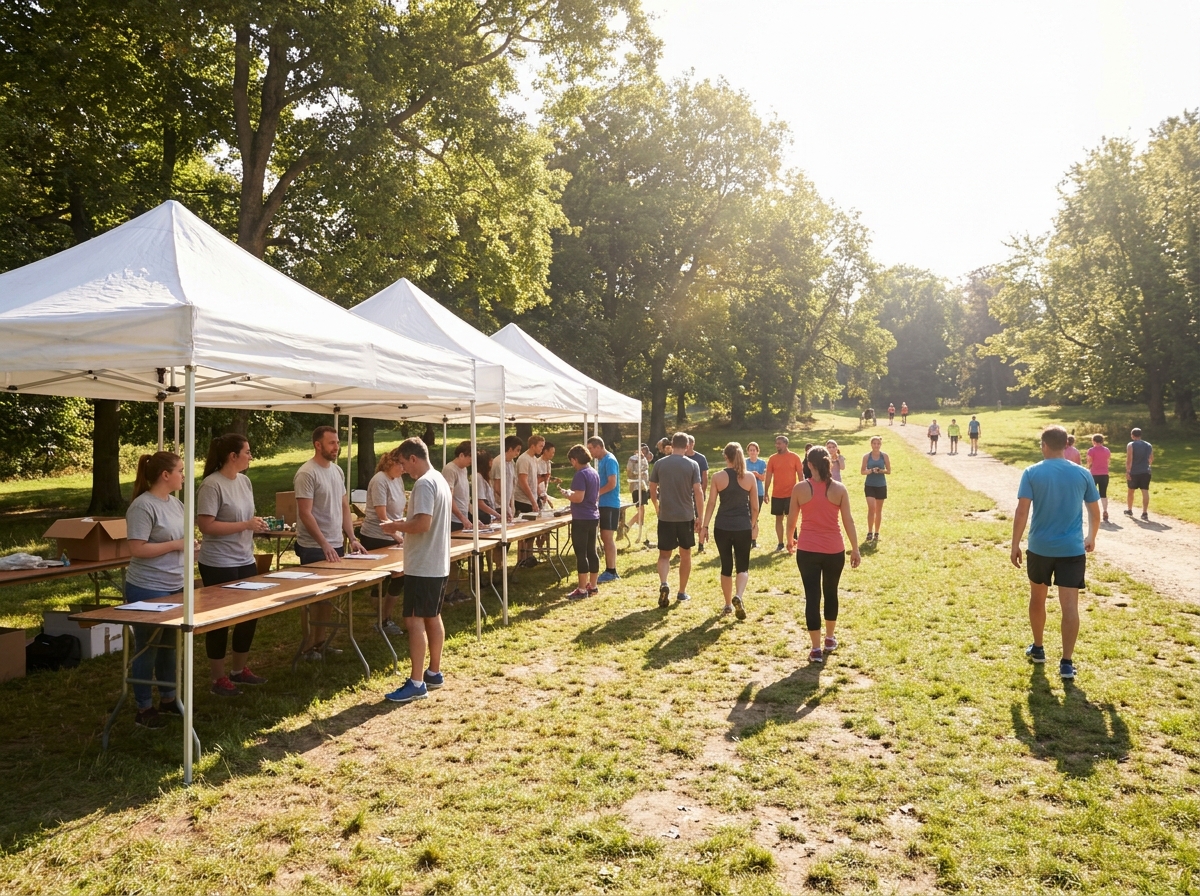 Volunteers manage the registration desk at an outdoor charity run event.
