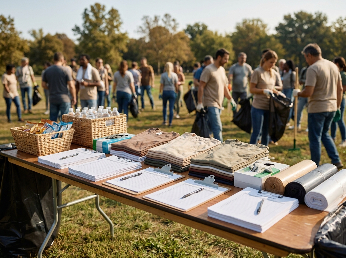 An organized check-in table for volunteers at a community charity event.