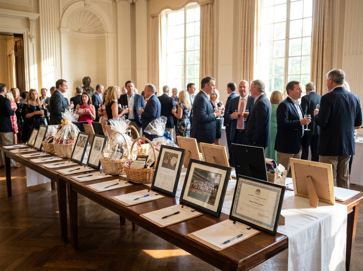 A silent auction table with items on display at a charity fundraiser event.