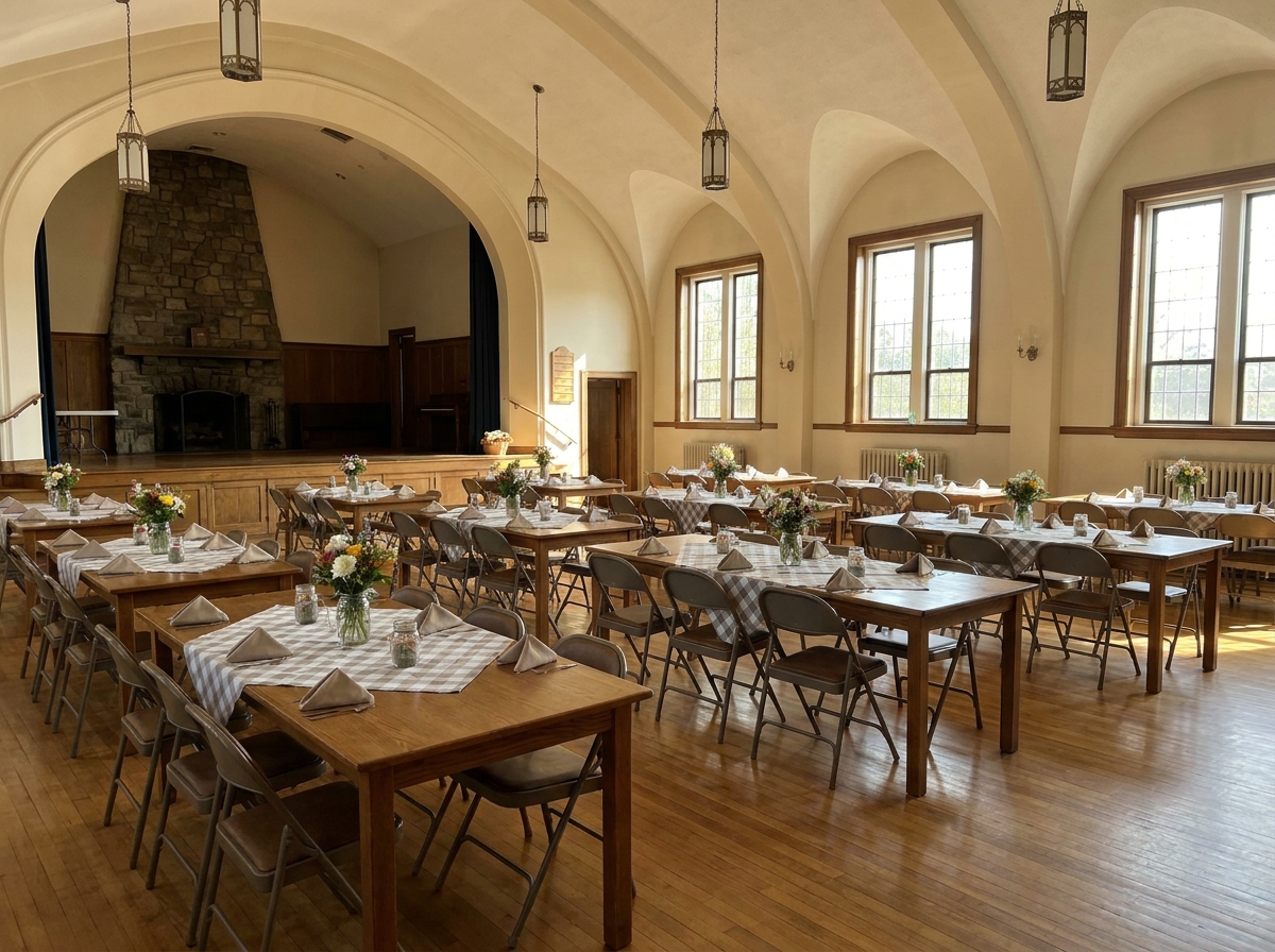 A church community hall prepared for a fundraising dinner.
