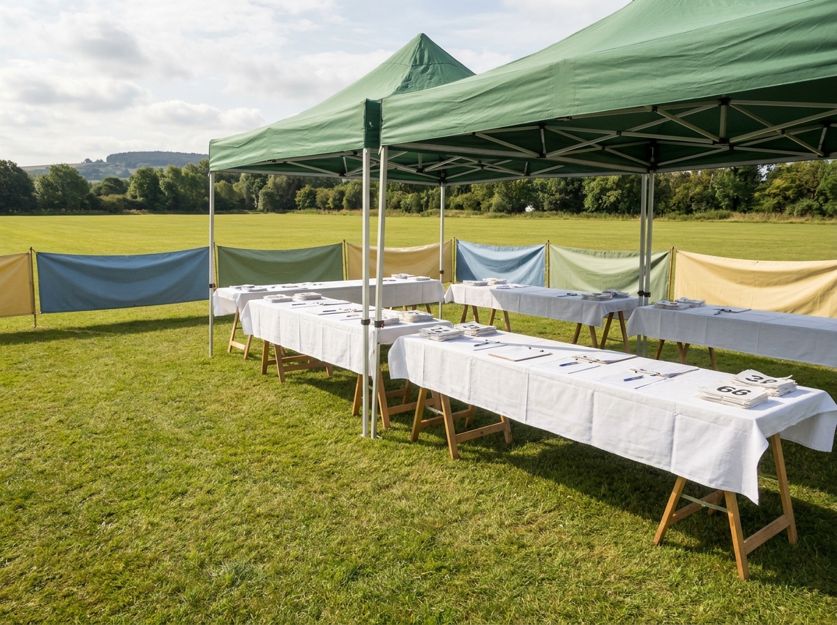 Registration tables set up for a church-sponsored charity run.