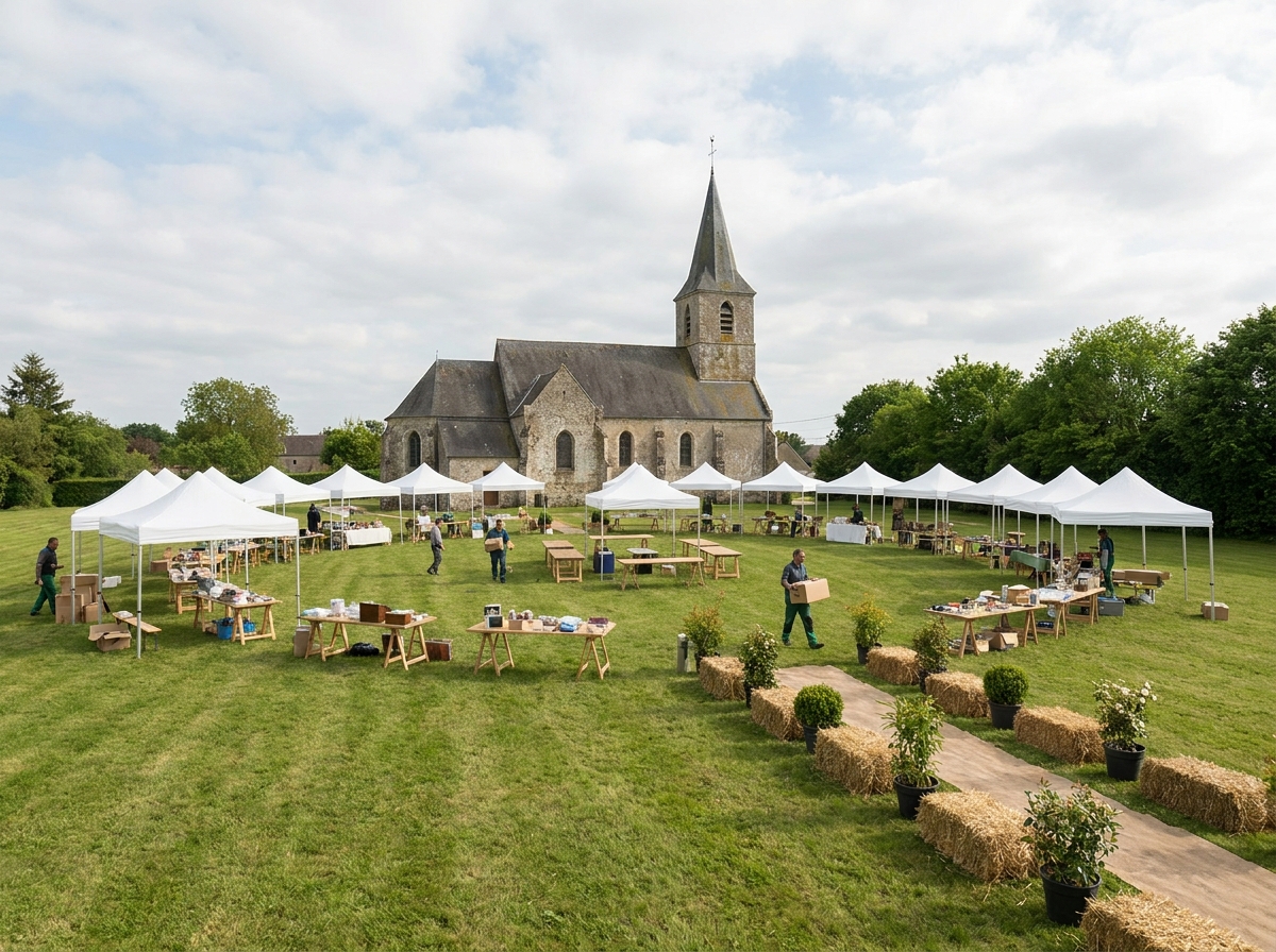 Volunteers preparing for a community fair on a church lawn.