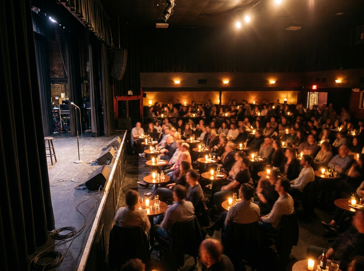 A large audience enjoys a performance at a comedy club event.