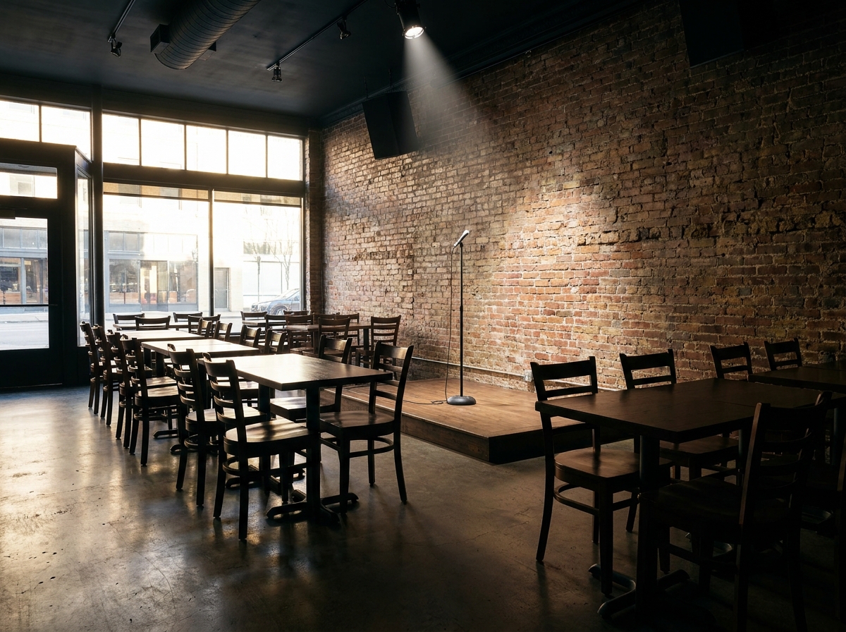 An empty comedy club stage and seating area before a show.