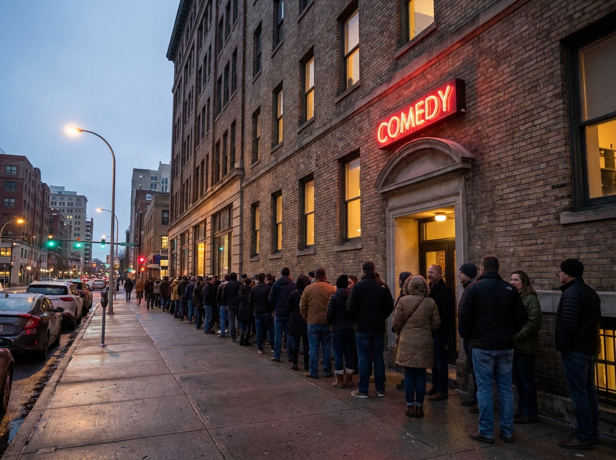 Patrons lined up outside a comedy club, ready for the show.