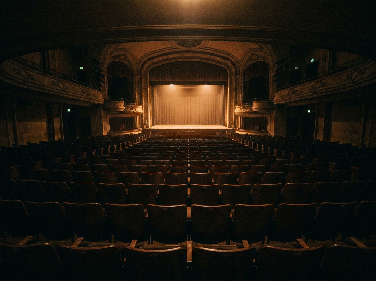 Empty seats in a comedy club theater facing the stage.