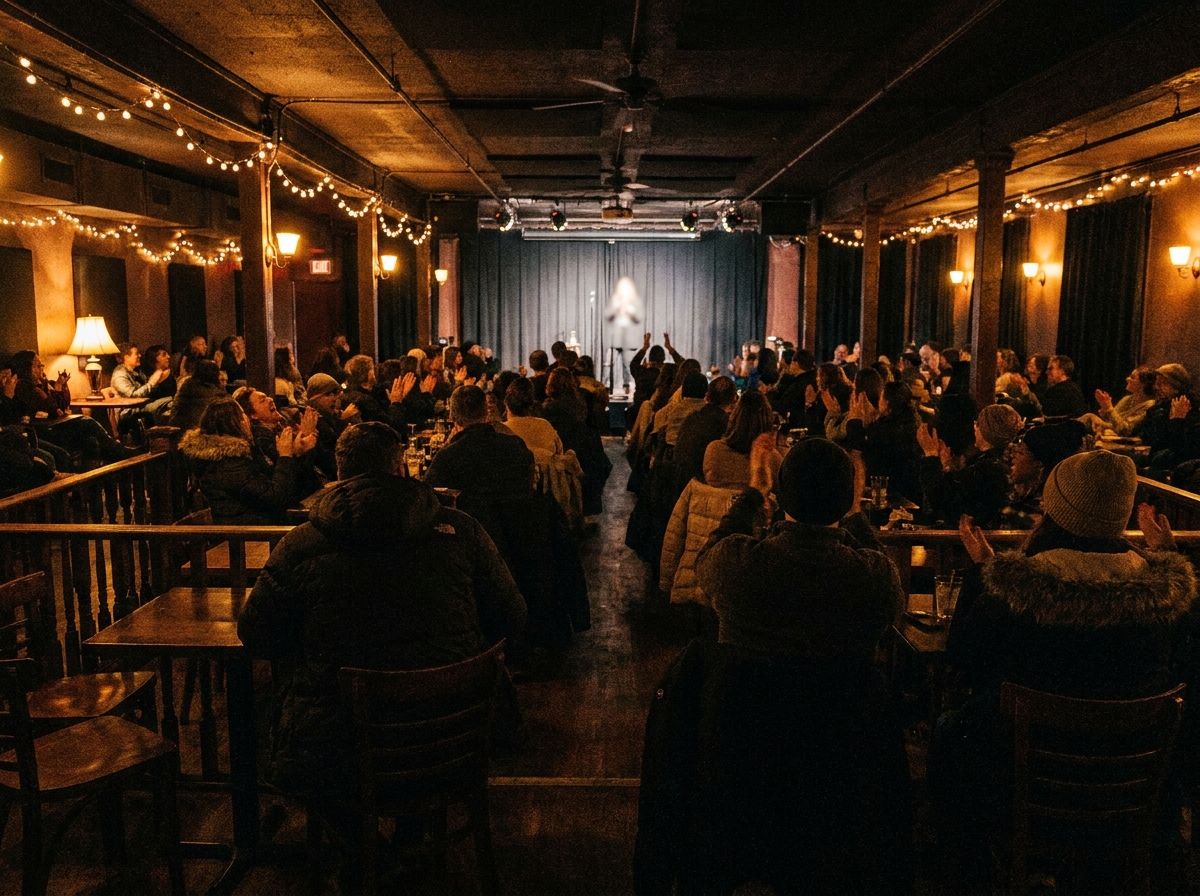 A packed comedy club audience enjoying a show, discovered through a nightlife & entertainment ticketing platform.