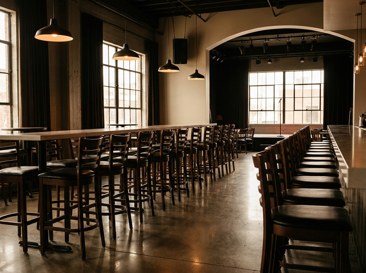 The bar at a comedy venue, ready for multiple shows managed through a ticketing platform.