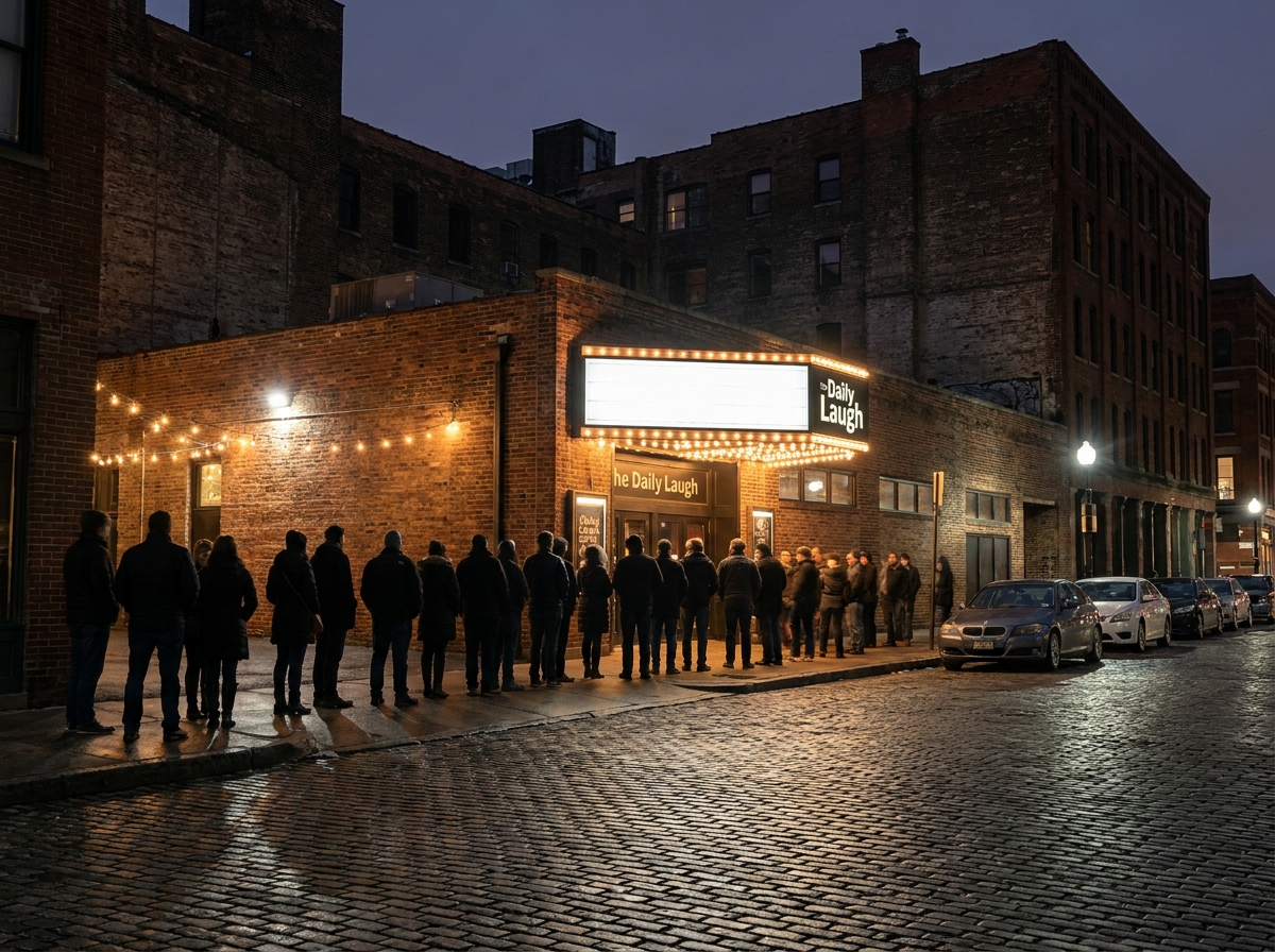 Attendees lined up for a sold-out comedy show after buying tickets online.
