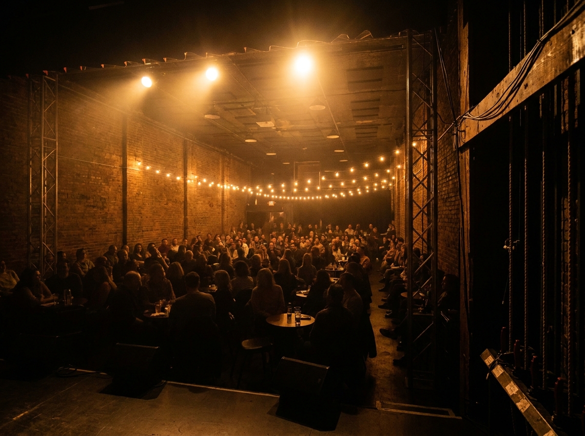 The view from a comedy club stage, showing a full house for a popular show organized on Eventbrite.