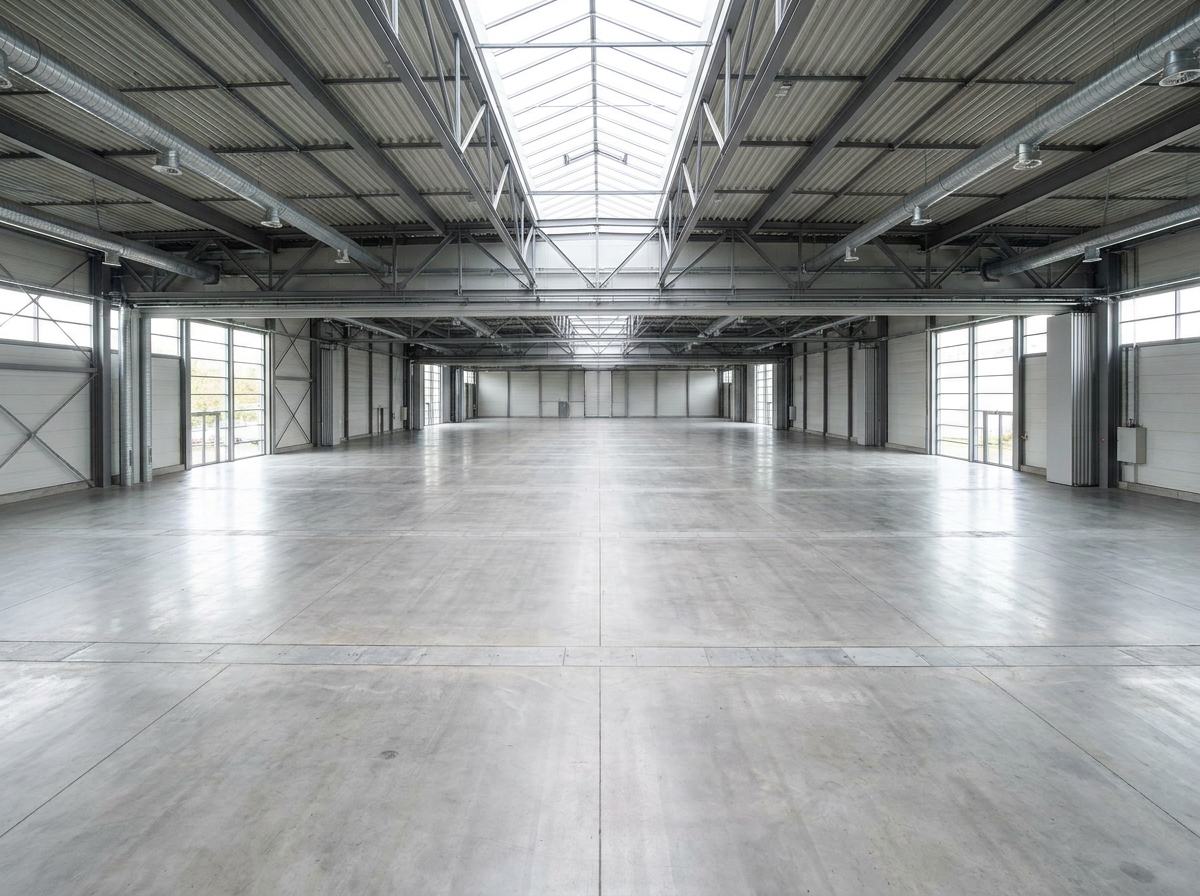 An expansive, empty exhibition hall ready for a corporate trade show.