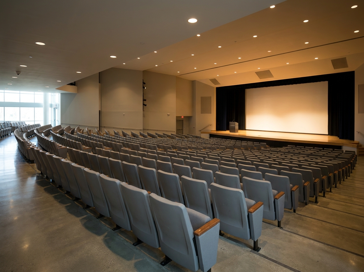 Empty seats in a large auditorium facing a stage for a corporate conference.