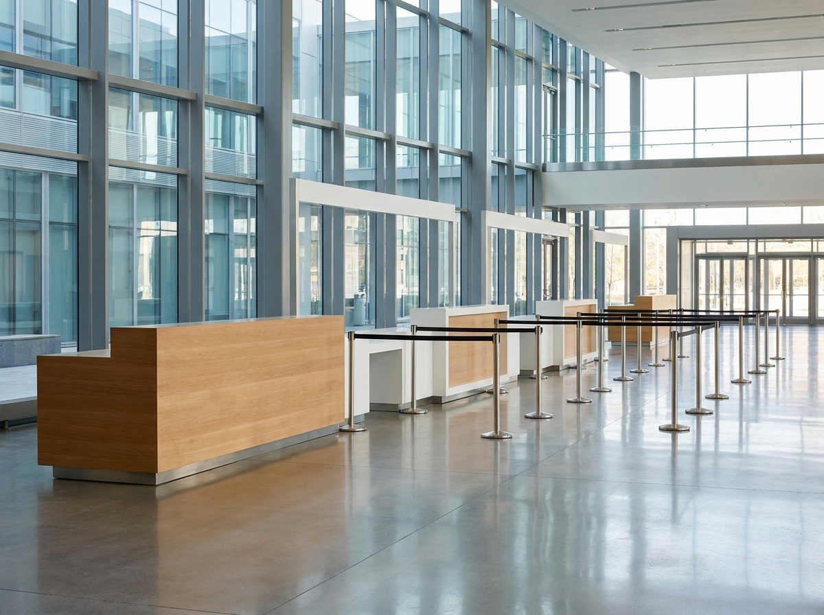 A clean, organized registration area for a corporate event, with no people.