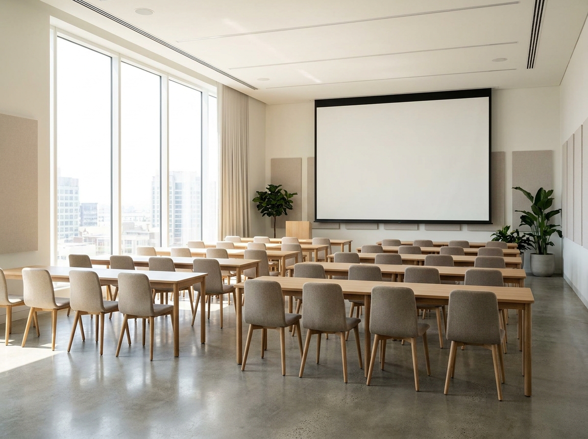 An empty, modern seminar room set up for a corporate training event.