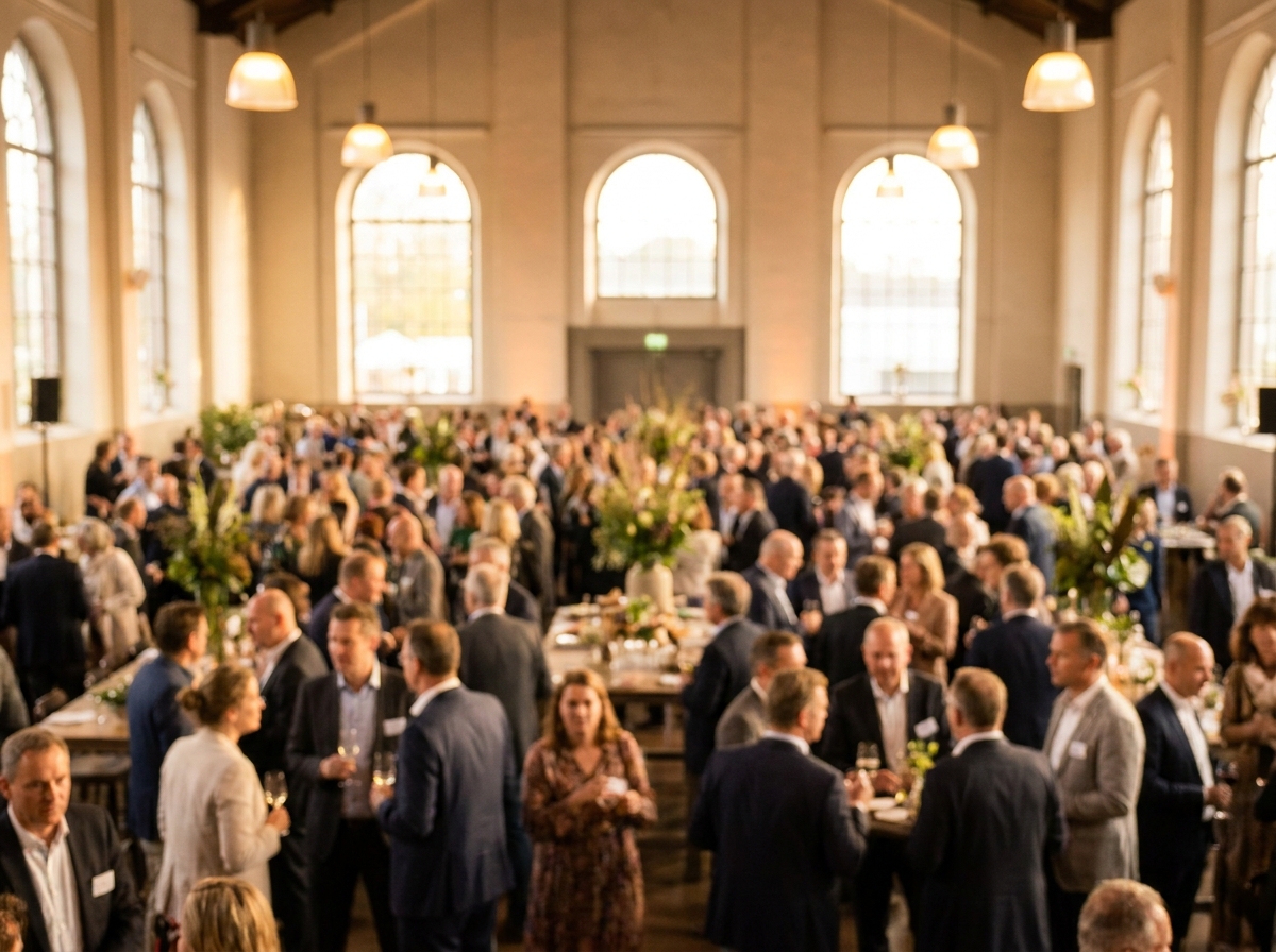 A crowd of people mingling at a large social event.