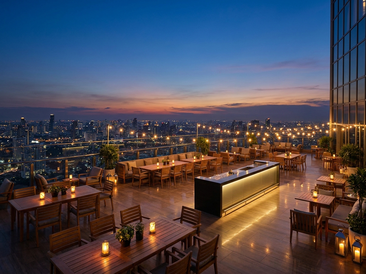A rooftop venue prepared for a dating event at dusk.