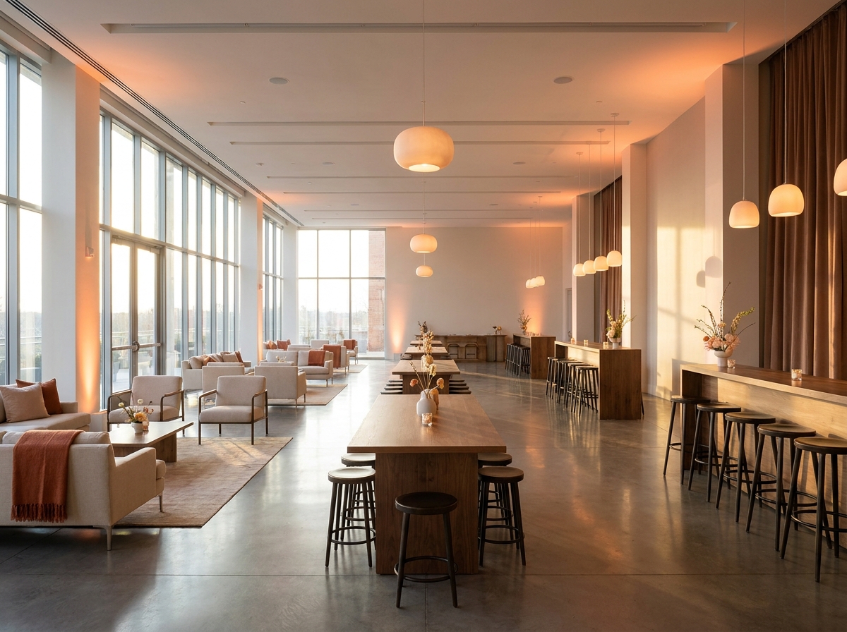 An empty, modern event space set up for a dating and social event.