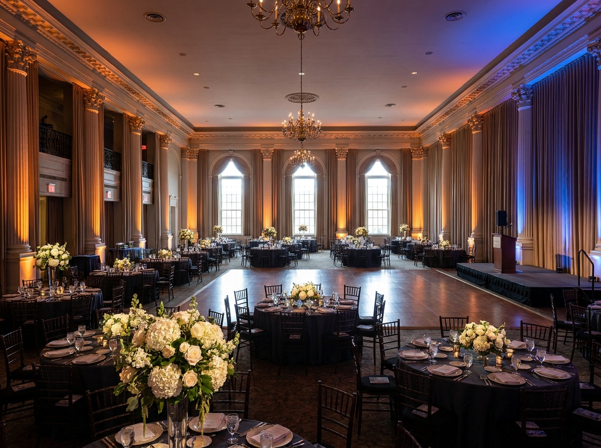 Ballroom set for a university fundraiser or alumni gala.