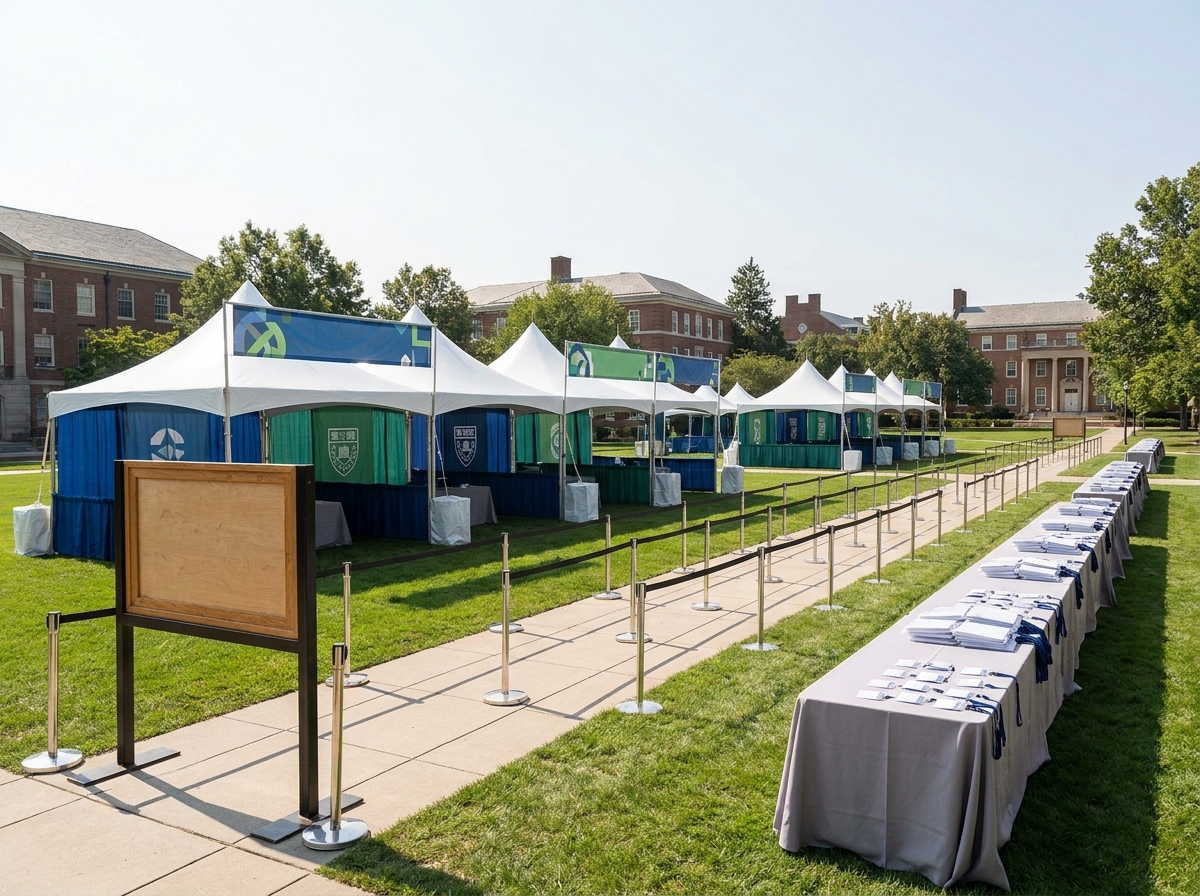 Professional check-in area for a university conference or campus event.