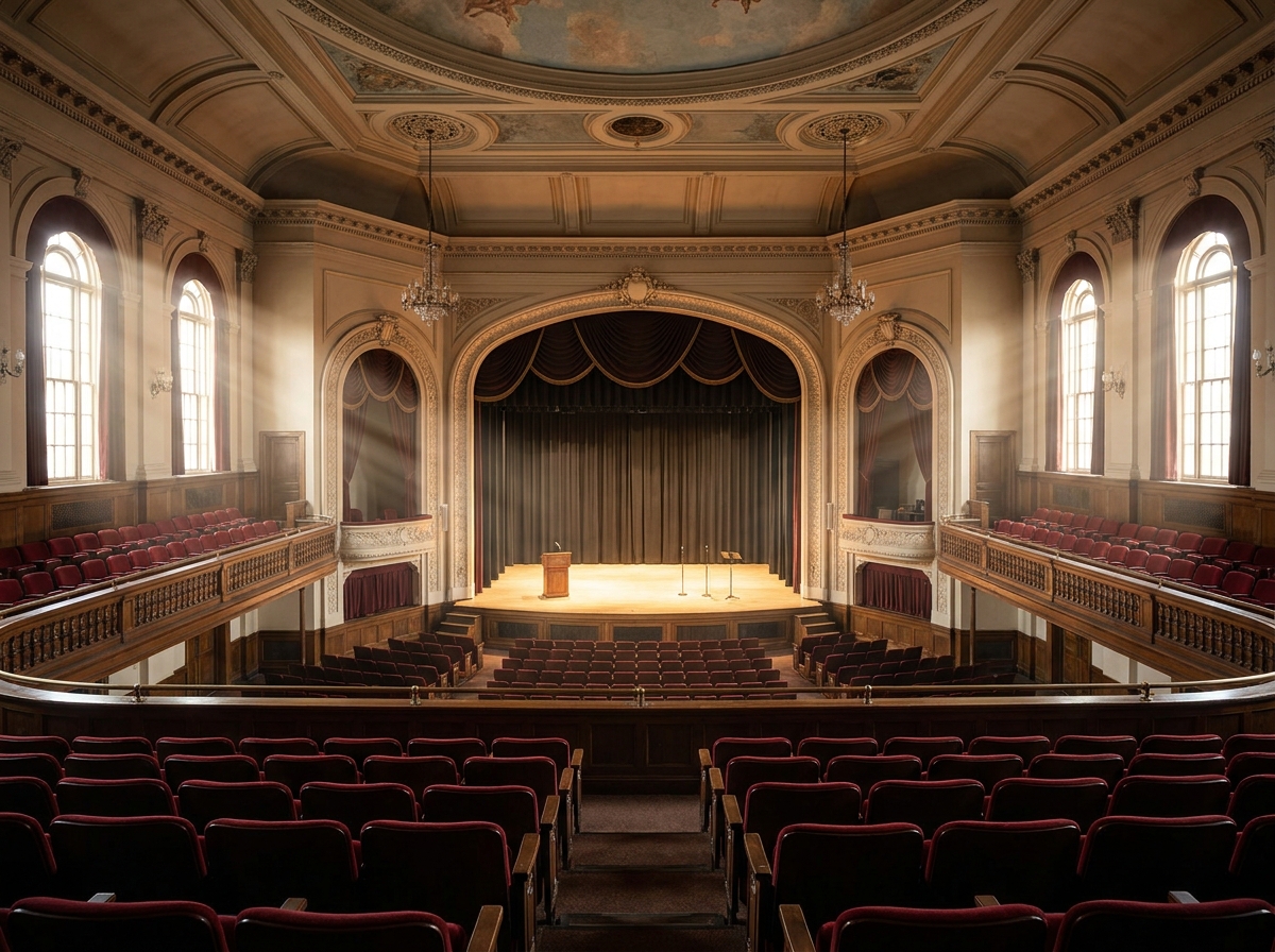 An empty university auditorium prepared for a school performance or lecture.