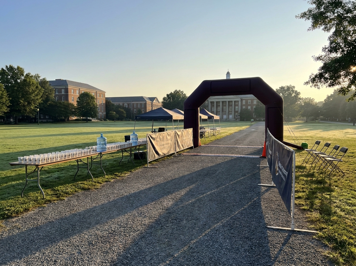 The starting line and registration area for a university charity run event.