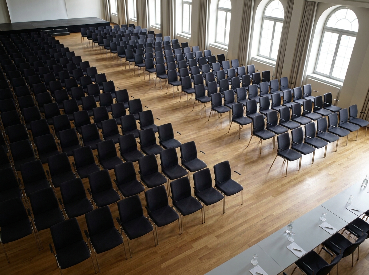 An empty seminar room ready for attendees, symbolizing automated event preparation.