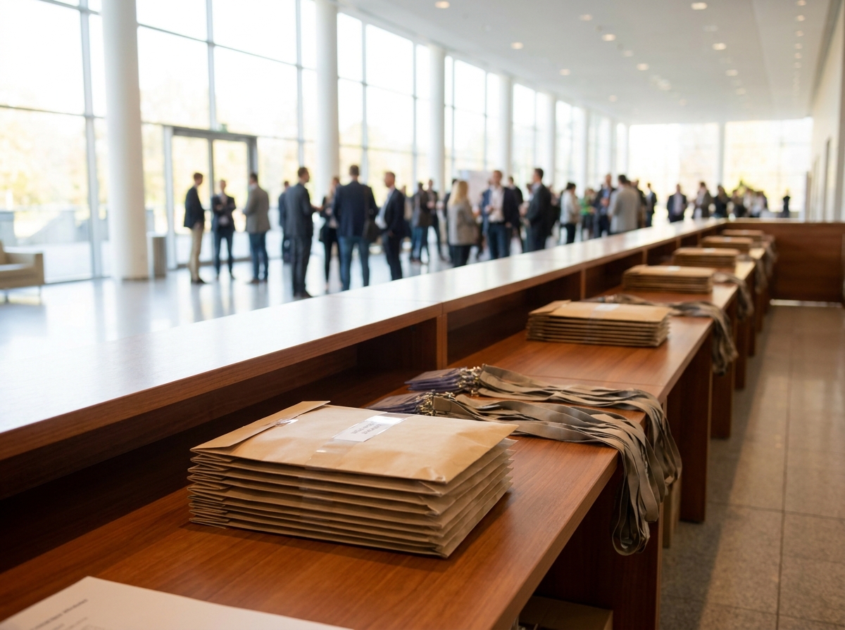 An organized event check-in desk before guests arrive.