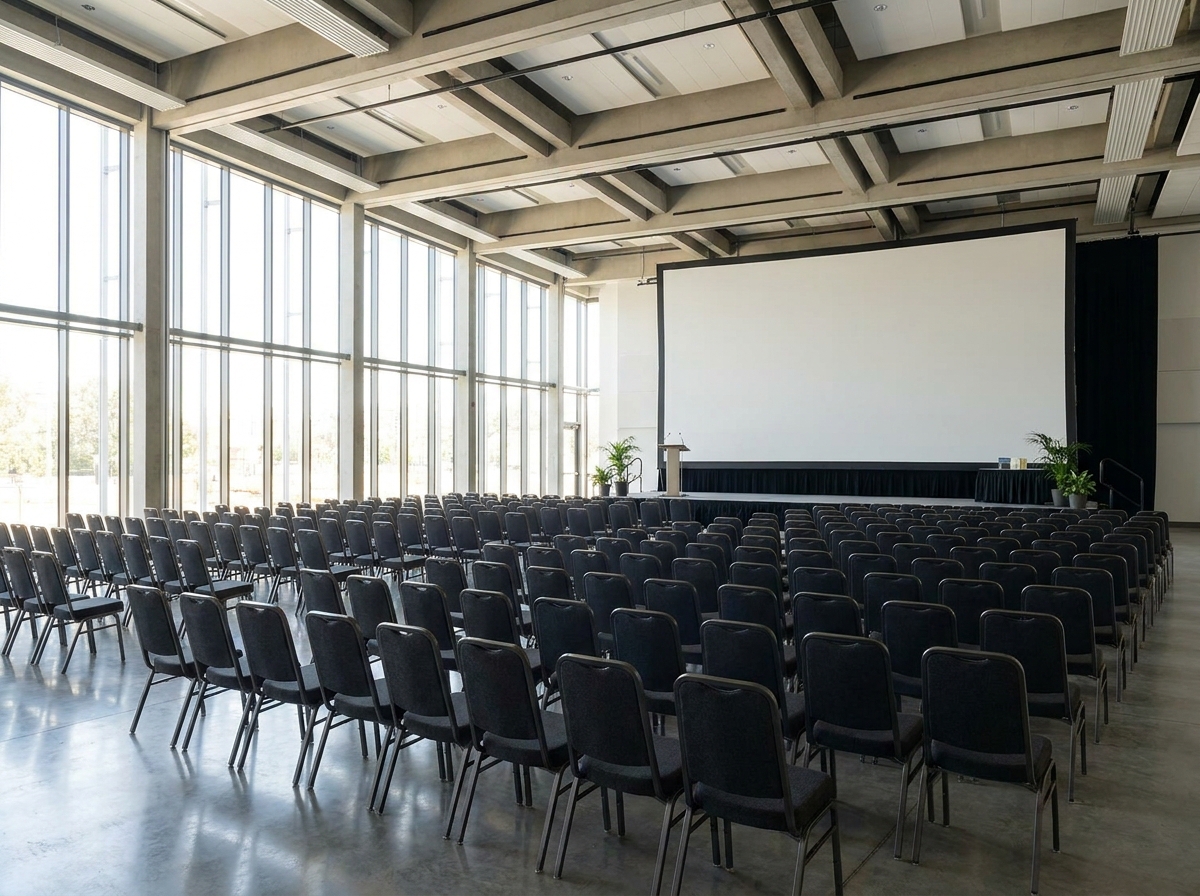 An empty, professional event space ready for a presentation, representing a well-marketed event.