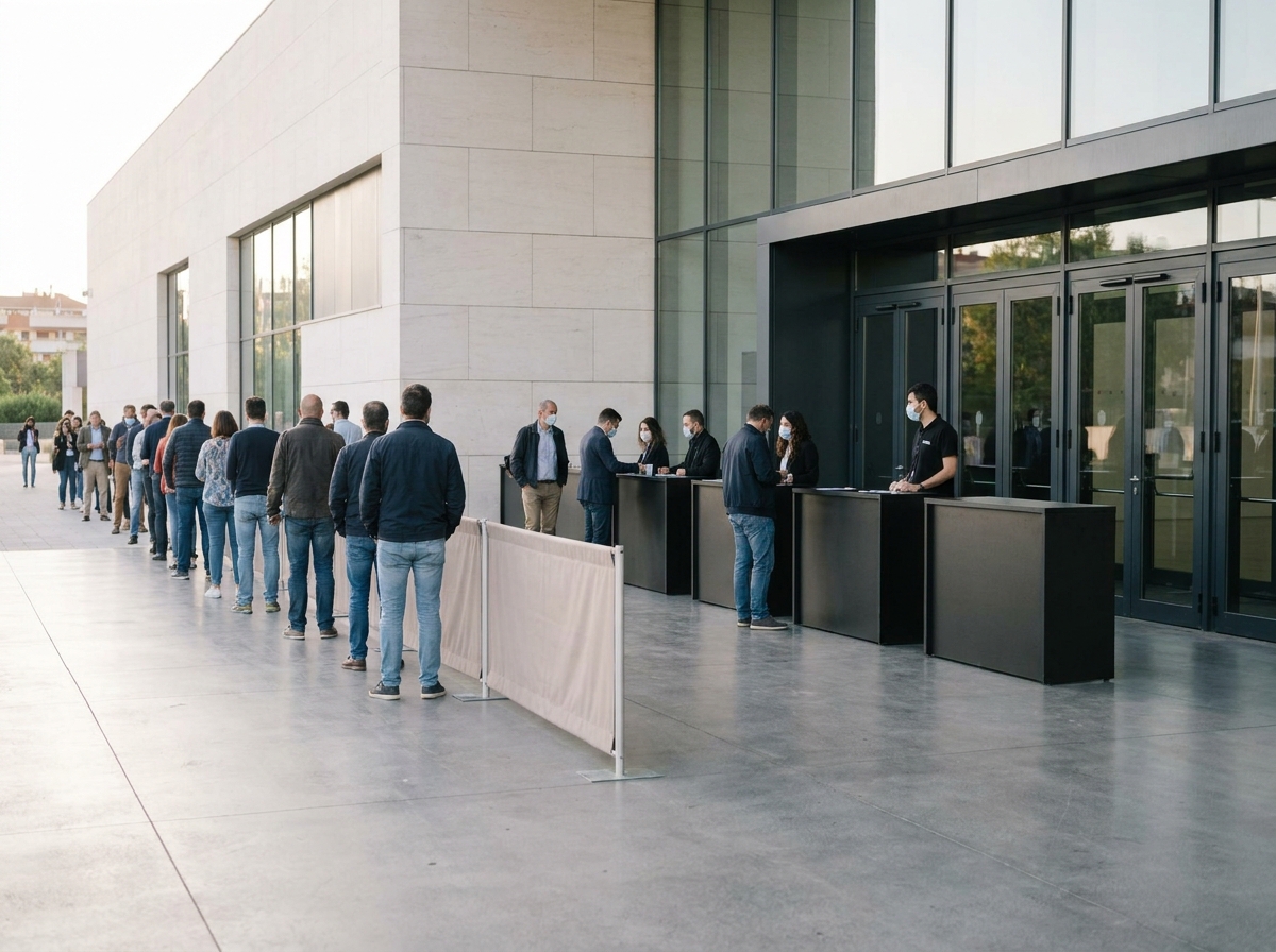 Attendees in line at an event entrance, demonstrating a smooth check-in process.