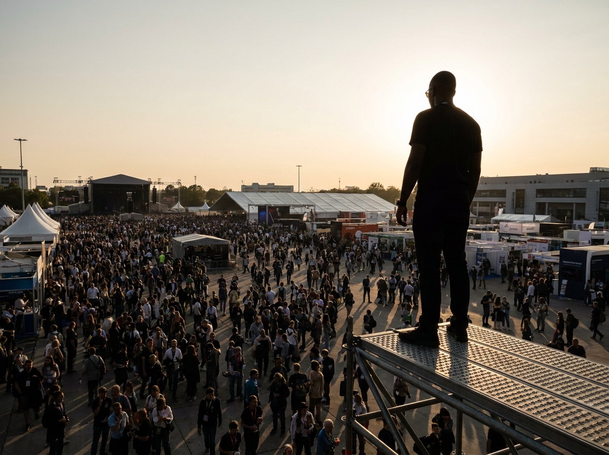 An event organizer overseeing a large event, using event management software.