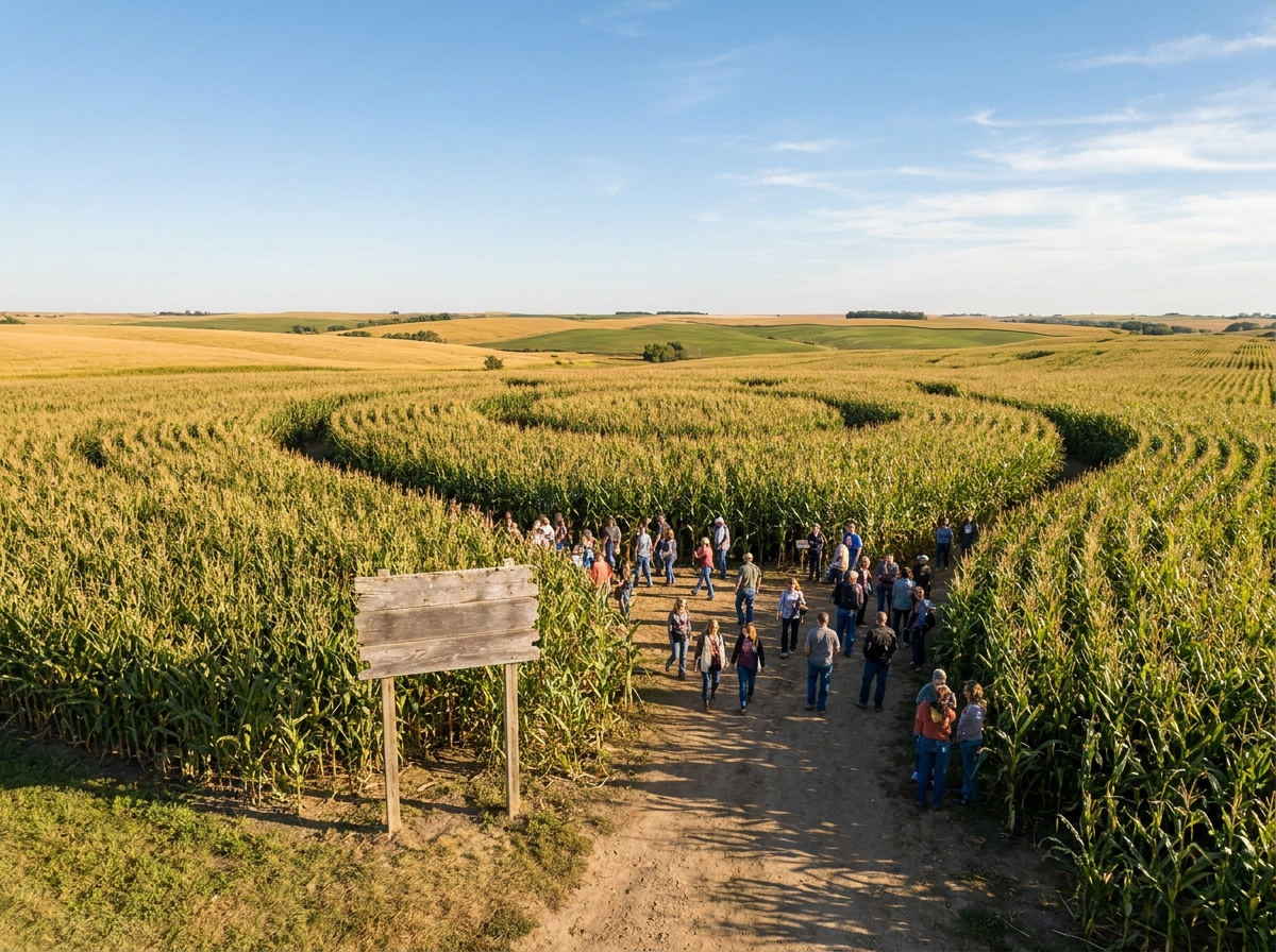 Entrance to a corn maze, where visitors can be checked in using farm event ticketing technology.