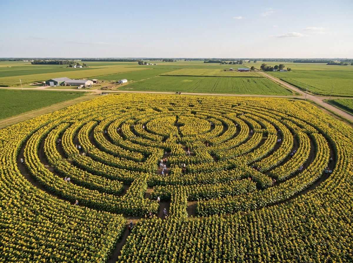 A sunflower maze on a farm, an example of an event that uses farm ticketing software.