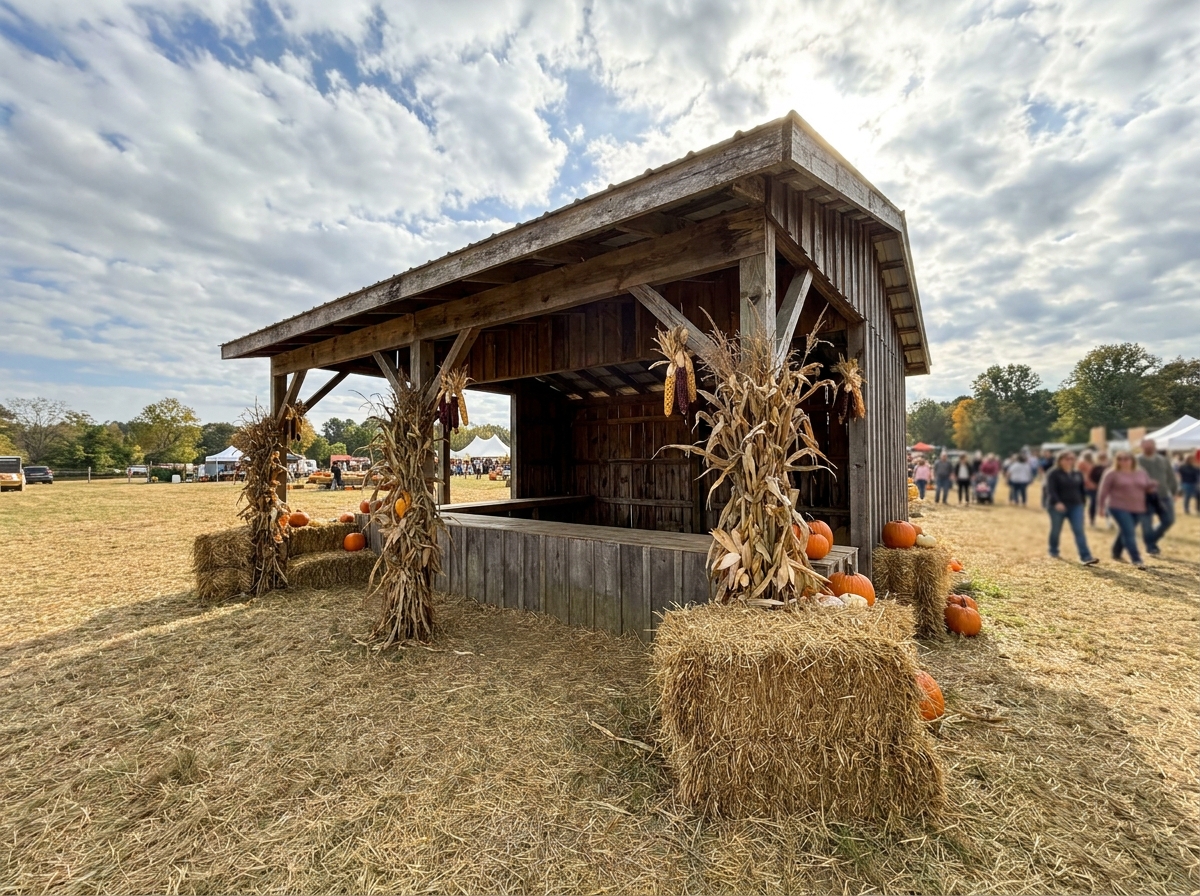 A rustic farm stand ready to sell tickets and goods for a seasonal event.
