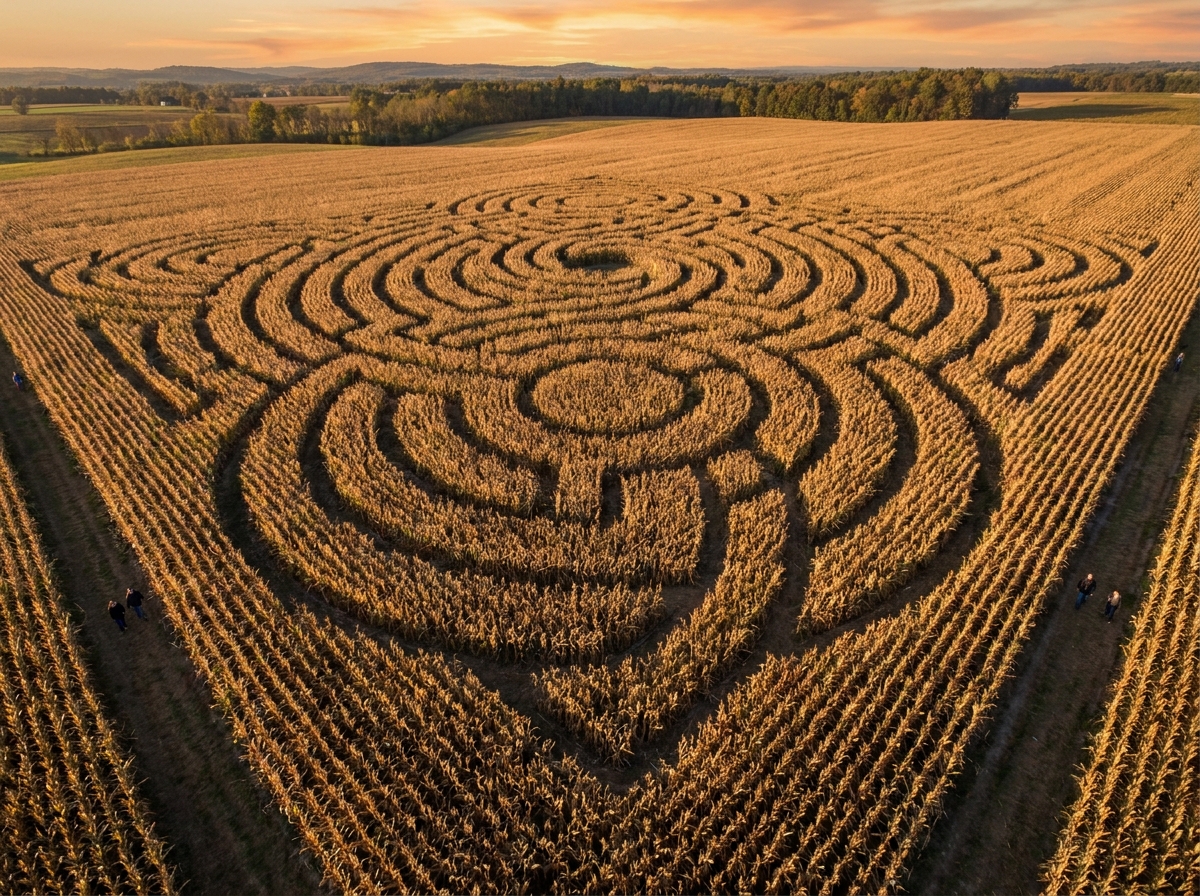 An aerial view of a large corn maze at a farm, a popular seasonal attraction.