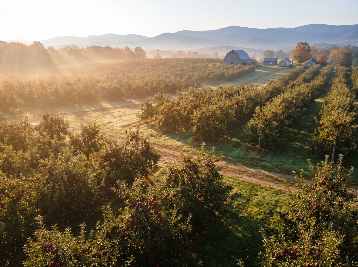 An idyllic apple orchard, a popular destination for seasonal farm events and U-pick.