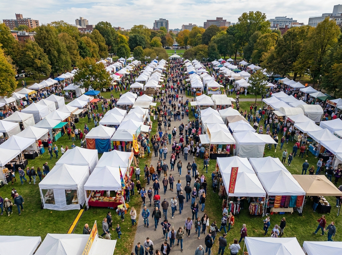 An aerial shot of a community fair using a ticketing platform for fairs.