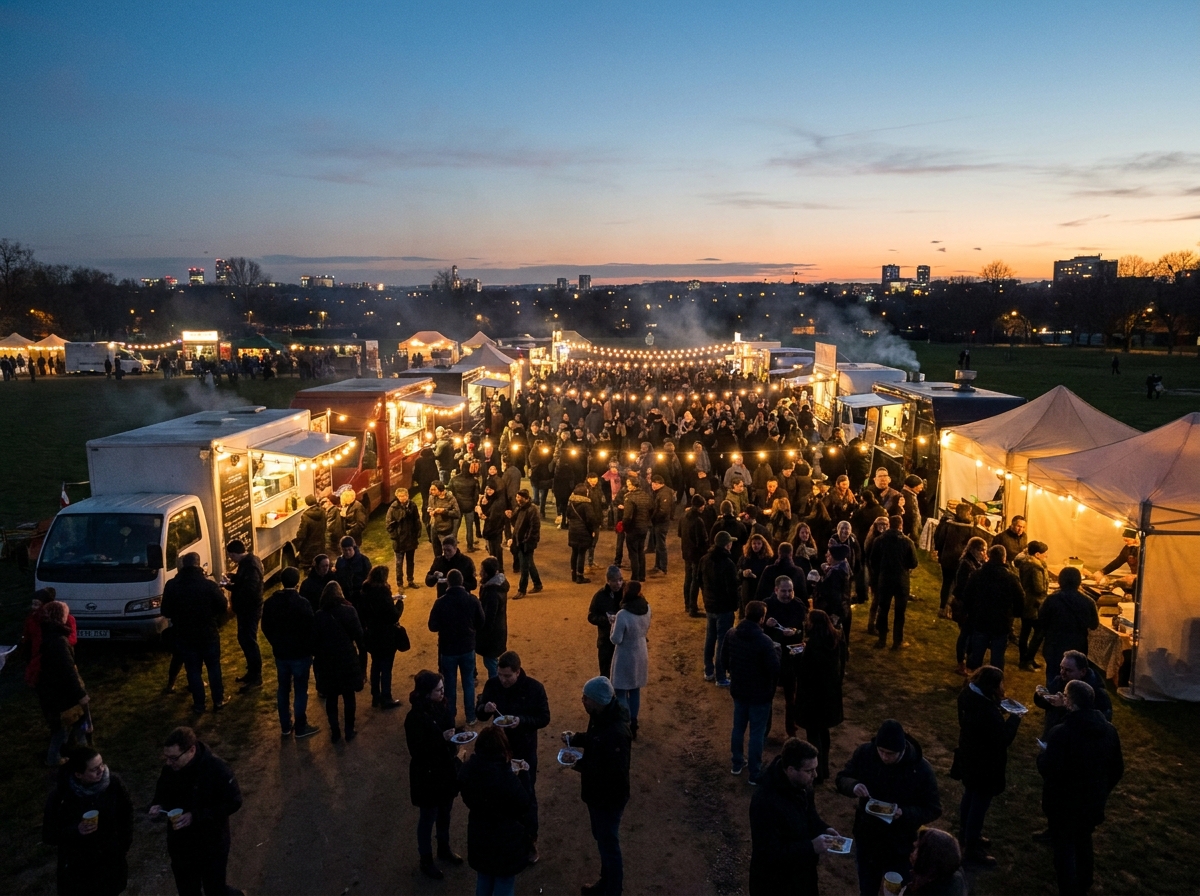 A bustling food festival at night, managed with a food festival ticketing platform.