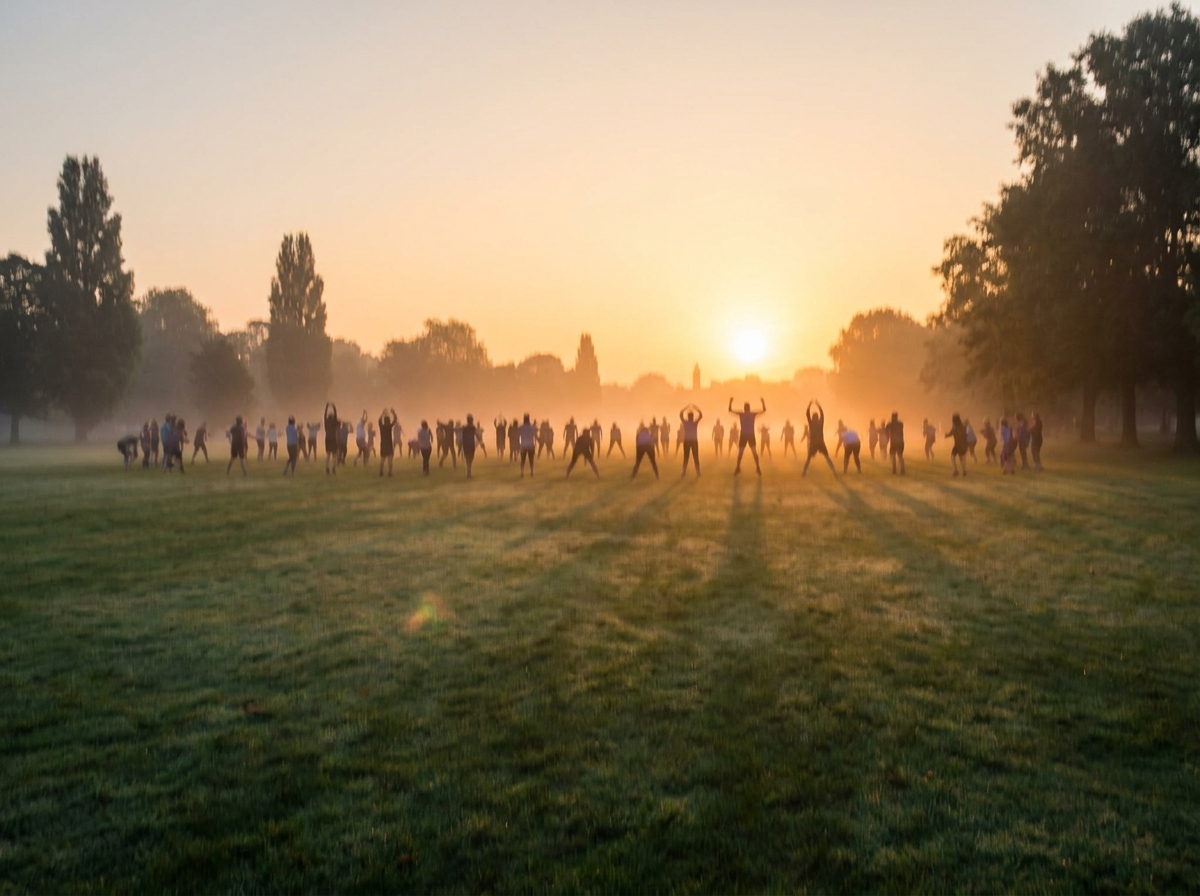 A group of people warming up at an outdoor fitness event.