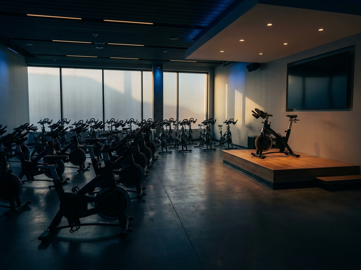 An empty spin studio ready for a fitness class.