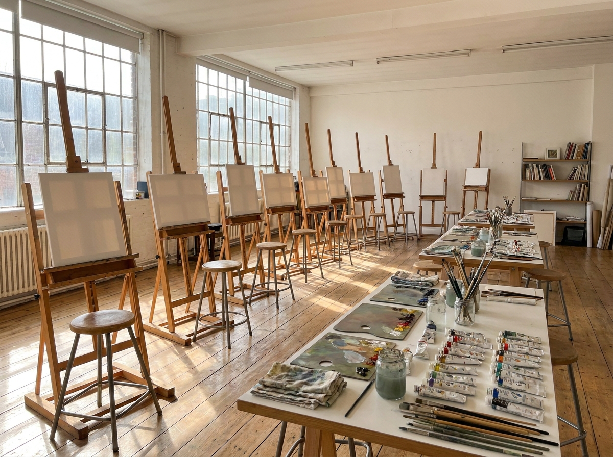 An artist's studio set up for a workshop, highlighting flexible ticketing options.
