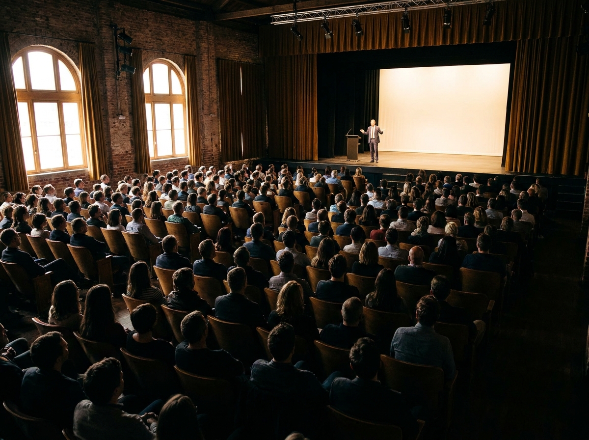 An engaged audience watching a presentation in a small theater, showing a successful beginner's event.