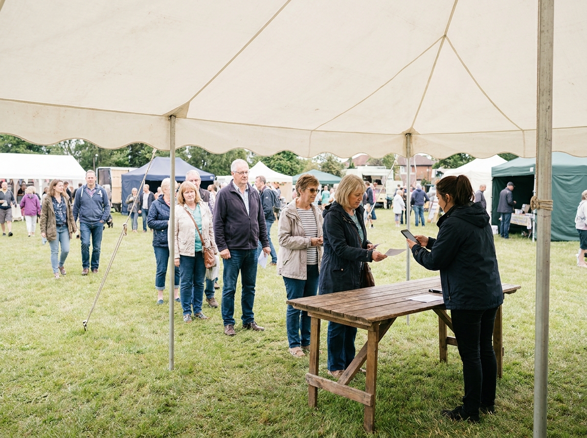 Attendees at an outdoor event check-in table, demonstrating a smooth entry experience.