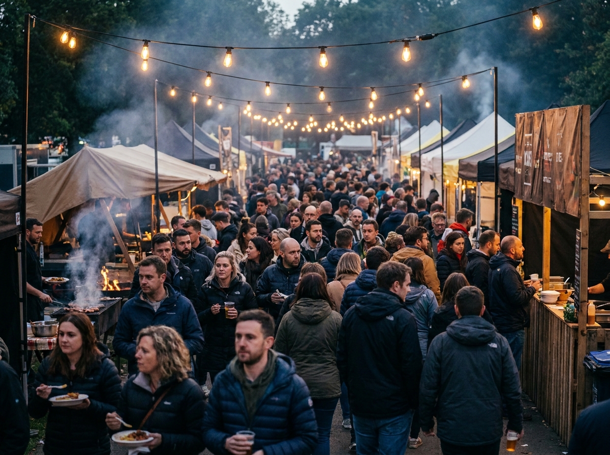 A bustling night market full of attendees, showcasing a successful event organized with beginner-friendly tools.